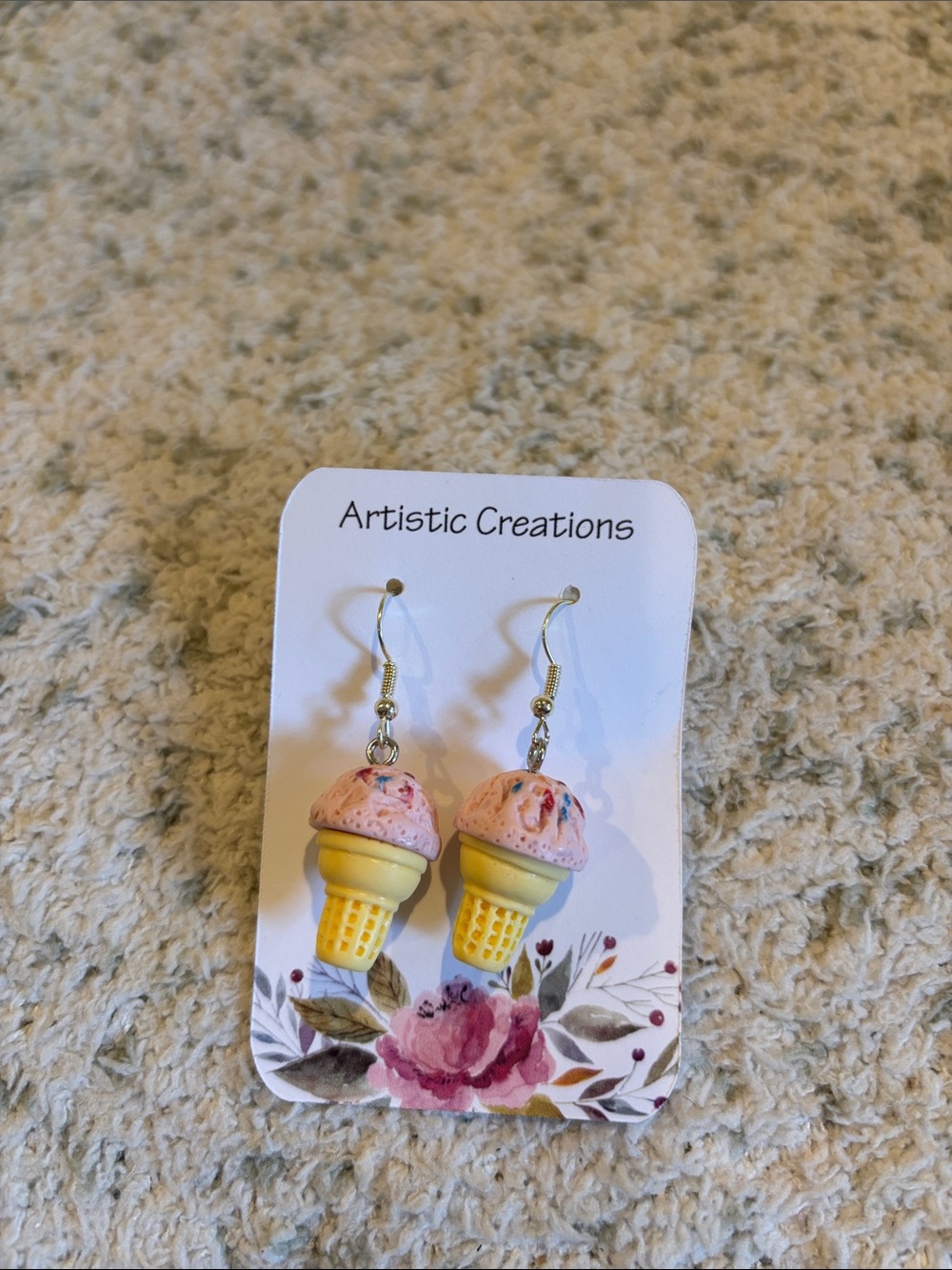 Strawberry Ice Cream Cone with Sprinkles Pierced Earrings Handcrafted NWT 1.75”